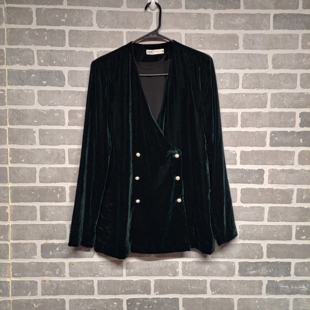 ZARA Blazer Jacket Women Medium‎ Deep Green Velvet Double Breasted Pearl Buttons